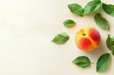 Wall Mural - Fresh Peach and Mint Leaves on Wooden Background