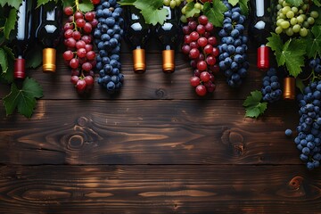 Assorted Wine Bottles with Fresh Grapes and Leaves on Rustic Wooden Table Perfect for Vineyard Decor and Wine Advertising