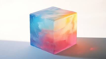 Wall Mural - Colorful translucent cube reflecting light on a white surface in daylight