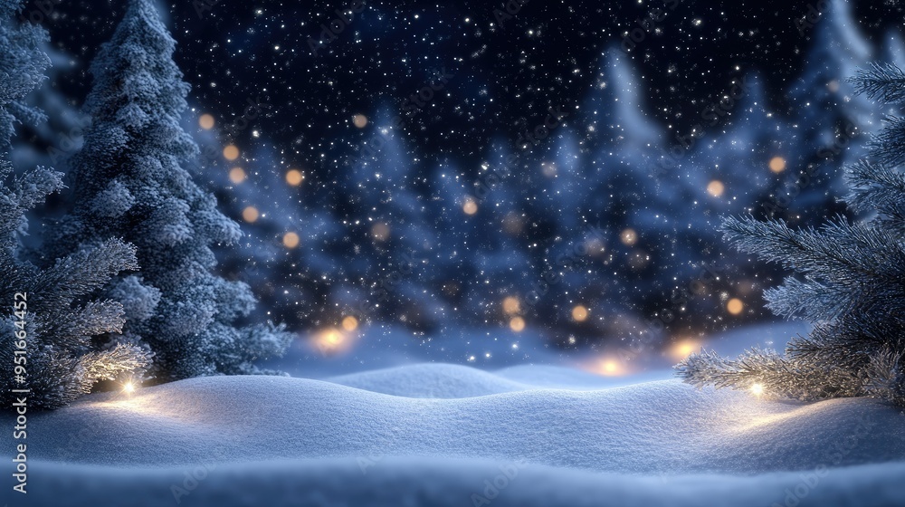 snow falling at night in a snowy dark forest with lights and stars ...
