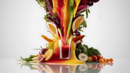 Conceptual image - fresh juice pours from fruits and vegetables in a glass. Photo on a white background.