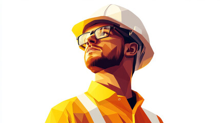 Polygonal vector illustration of a construction worker wearing a uniform, glasses, and a yellow safety helmet. The builder is depicted in a hard hat, isolated on a white background, rendered in a mode