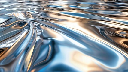 Abstract background with flowing metallic silver and blue liquid texture with highlights and reflections.