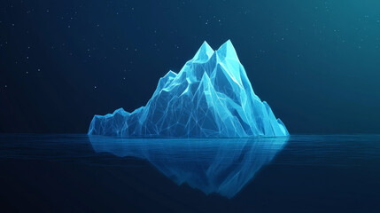 A digital Antarctic iceberg in the ocean, depicted in a futuristic polygonal style against a dark blue technology background. This abstract metaphor for big data or the hard work required for success 