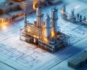 A model of an industrial plant is placed on top, surrounded by blueprints and architectural drawings