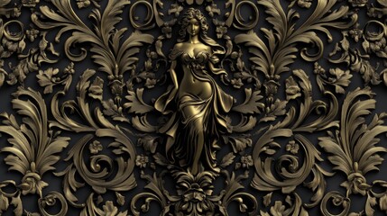 Wall Mural - Golden Baroque Ornament with a Woman Figure.