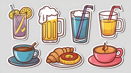 Wall Mural - Set of stickers of drinks lemonade, beer, water, coffee and pastries. Vector.