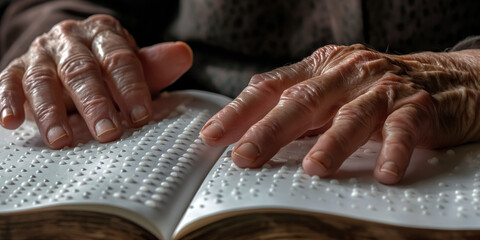 Wall Mural - hands of a visually impaired person reading a braille book, with their fingers gently gliding over t