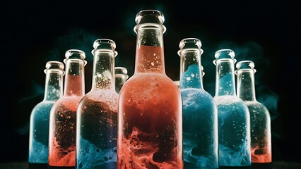 Low angle view of glass bottles with multicolored liquid on dark background with back light