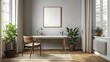 © kanesuan - A minimalist home office with a white desk, a simple chair, and a potted cactus. The walls are bare except for a single, large framed artwork.
