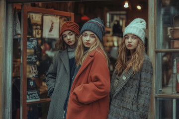 Wall Mural - Three beautiful female models wearing woolen hats and coats, standing in front of an old shop window with autumn hanging on the inside, street photography with warm tones & soft lighting.
