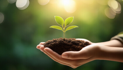 hand holding a small plant growing from rich soil