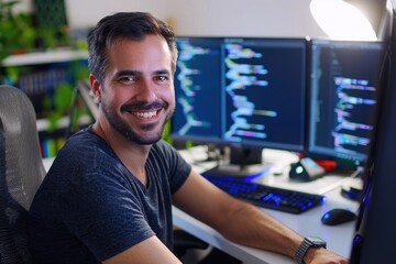 Professional programmer smiling while coding at computer workstation.