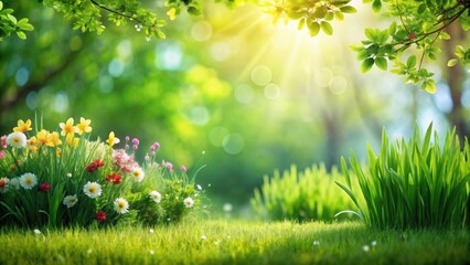 Fresh spring garden with green grass and blurred foliage in the background, sunny, garden, spring, green, grass, blurred