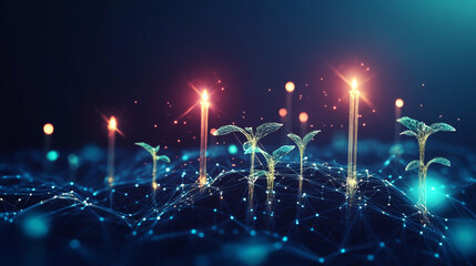 Economy growth or investment concept set against a dark background, featuring candlesticks and sprouting plants. This abstract digital illustration is presented in low poly wireframe style .