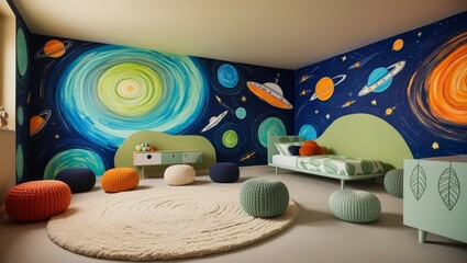 Wall Mural - Space theme. Creative and bright eco design of a children's room. Bright fantasy wallpaper on the wall of baby room.