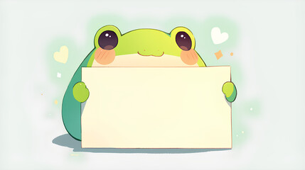 cute frog holding up a blank sign, colorful cartoon character, empty banner,, anime style, cute kawaii, simple, smiling happy. isolated background