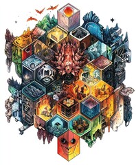 Wall Mural - A vibrant, intricate illustration featuring various fantastical scenes within hexagonal shapes.