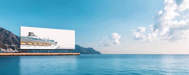 Billboard showcasing a luxury cruise line near a port, travel marketing, affluent audience