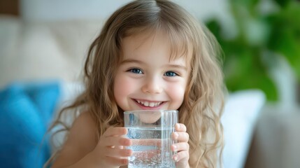 smiling child offering glass of pure mineral water promoting healthy habits