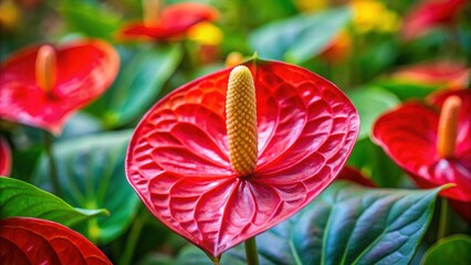 Close up of a vibrant flamingo flower in bloom, flamingo flower, Anthurium andraeanum, tropical plant, red flower