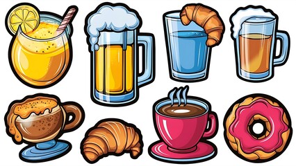 Wall Mural - Set of stickers of drinks lemonade, beer, water, coffee and pastries. Vector.