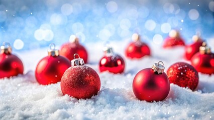 Red Christmas balls scattered on fresh snow , holiday, festive, decorations, winter, bright, vibrant, ornament, traditional, seasonal