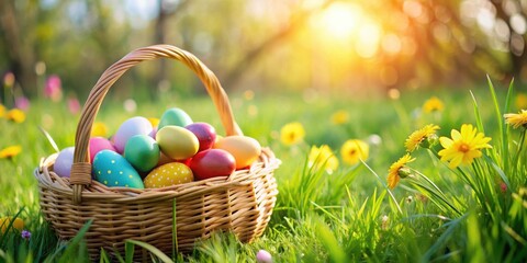 Easter basket with colorful eggs placed on the grass in a spring setting, Easter, composition, grass, basket, eggs