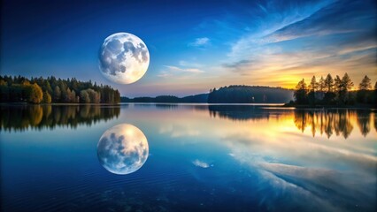 Wall Mural - moon shining above a tranquil lake, reflecting on the water , moon, night, sky, stars, reflection, w