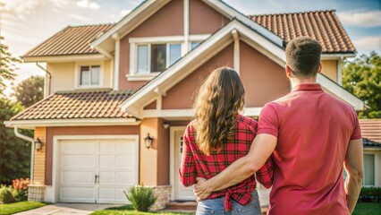 Sticker -  rear view of young couple looking at their new house