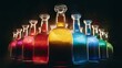 © Kartik - Low angle view of glass bottles with multicolored liquid on dark background with back light
