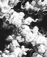 Wall Mural - A dynamic illustration of swirling clouds in black and white, showcasing intricate details.