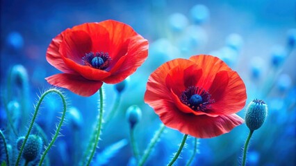 Two bright red poppies with unique blue leaves , flowers, poppies, red, blue, vibrant, petals, garden, nature, bloom, spring