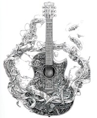 Sticker - An intricately designed acoustic guitar surrounded by flowing decorative elements.