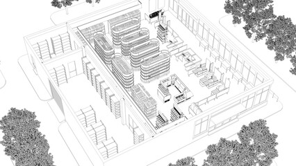 Wall Mural - Contour of isometric supermarket interior mockup against the backdrop of the street and trees. 3d illustration