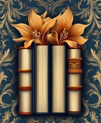 Canvas Print - A decorative arrangement of books and flowers against an ornate background.