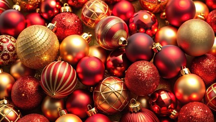 Wall Mural - Christmas background with shiny red and gold balls, festive, decoration, holiday, festive, traditional, merry, bright