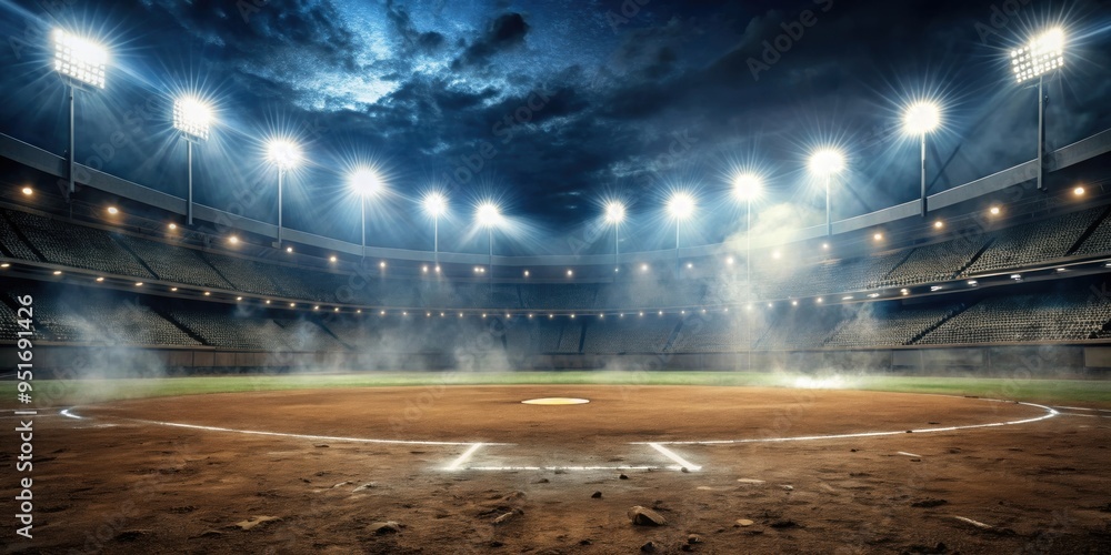 An eerie baseball field with smoke and dust under the bright lights ...