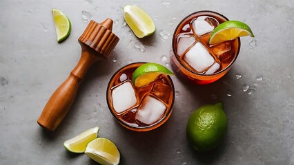 Flat lay with wooden squeezer, refreshing sour caipirinha cocktails with lime and ice on grey tabletop