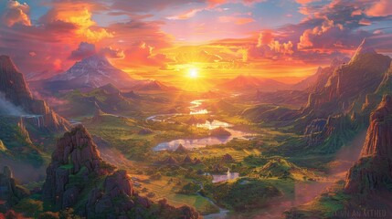 An aerial view of the majestic mountain landscape bathed in the warm hues of a serene sunset. view from above Mixed rock formations winding valley and distant forests