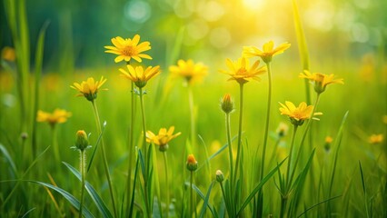 Wall Mural - Yellow flowers in tall green grass, spring, vibrant, nature, meadow, sunny, blooming, wild, landscape, peaceful, flora