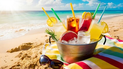 Cool summer drinks in ice bucket at the beach