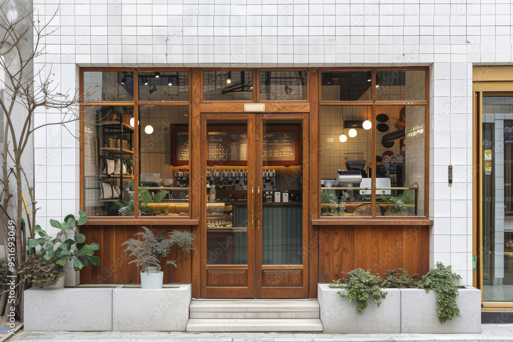 A small cafe with a wooden door and a window Stock Photo | Adobe Stock