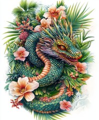 Poster - A vibrant dragon entwined among tropical flowers and foliage, showcasing intricate details.