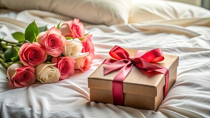 Sticker - Gift box with roses, ribbon, and satin bow on bed