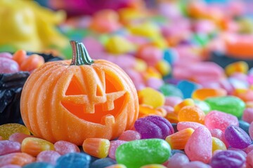 smiling halloween pumpkin toy lying on colorful sweets