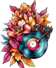 Canvas Print - A vibrant illustration of a vinyl record surrounded by colorful flowers and leaves.