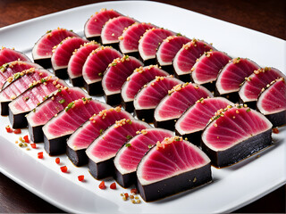 Wall Mural - A plate of tuna sashimi, sprinkled with seasonings, delicious and healthy food, high-end Japanese ingredients