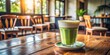 © Udomner - Glass of matcha green tea latte on wood table at vintage cafe, matcha, green tea, latte, glass, wood table, vintage