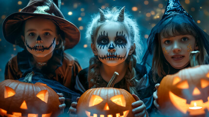 Wall Mural - Three young children dressed in Halloween costumes are excitedly posing with their intricately carved pumpkins, surrounded by a festive atmosphere filled with decorations